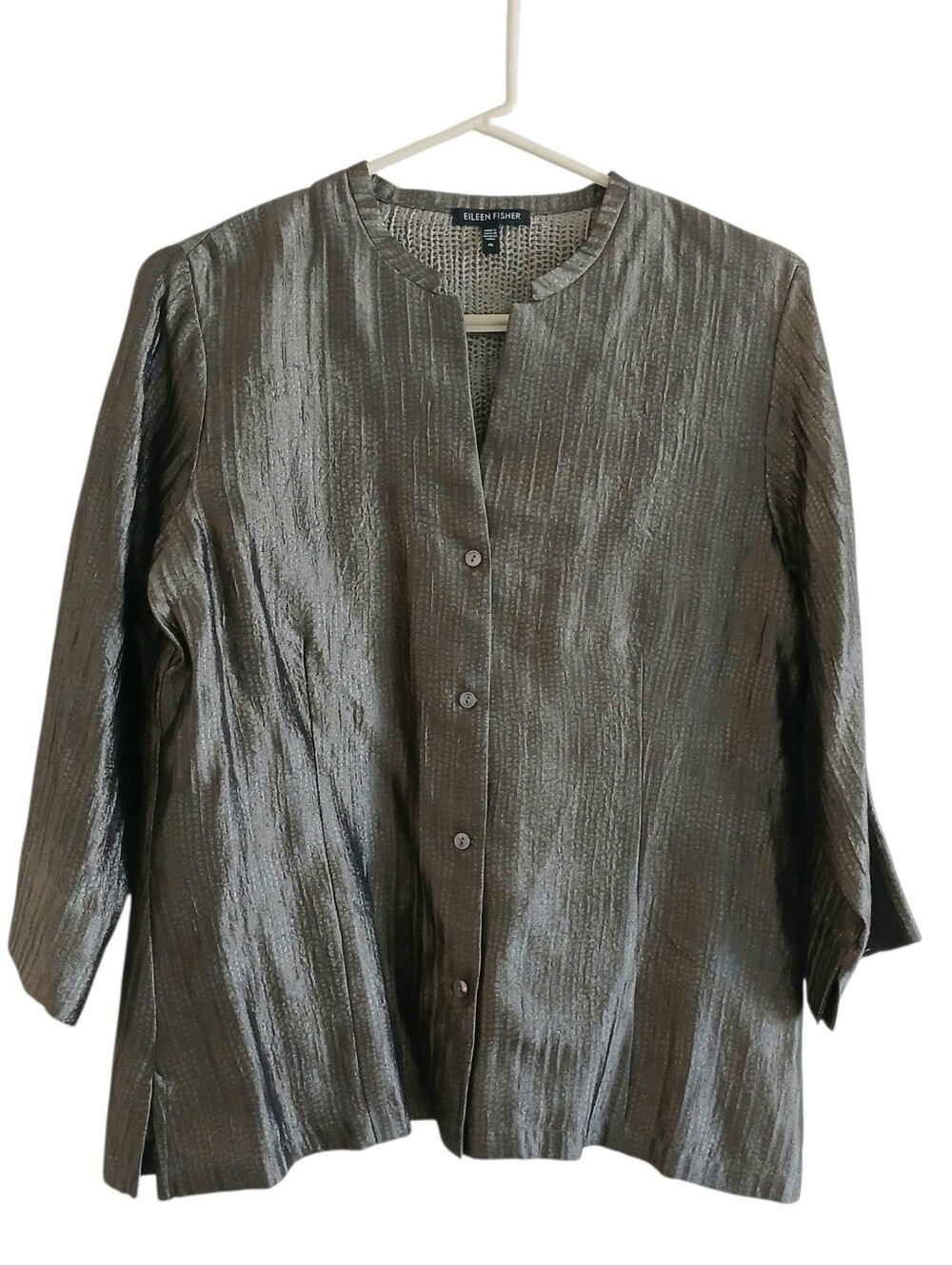 EILEEN FISHER Textured Silk Jacket Women's M Gray Lightweight Quiet Luxury
